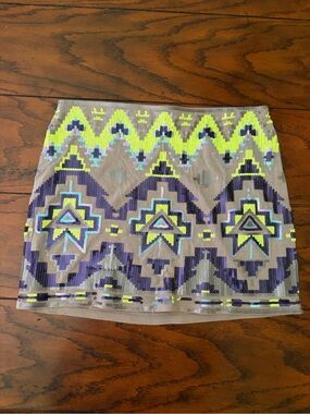 Y2K xs Express Aztec Sequin Mini Skirt in Taupe, Neon Yellow & Purple
